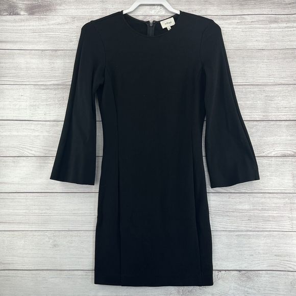 Aritzia Wilfred Black Scriva Sheath Dress Bell Sleeves LBD Ponte Knit Size S - Picture 2 of 8